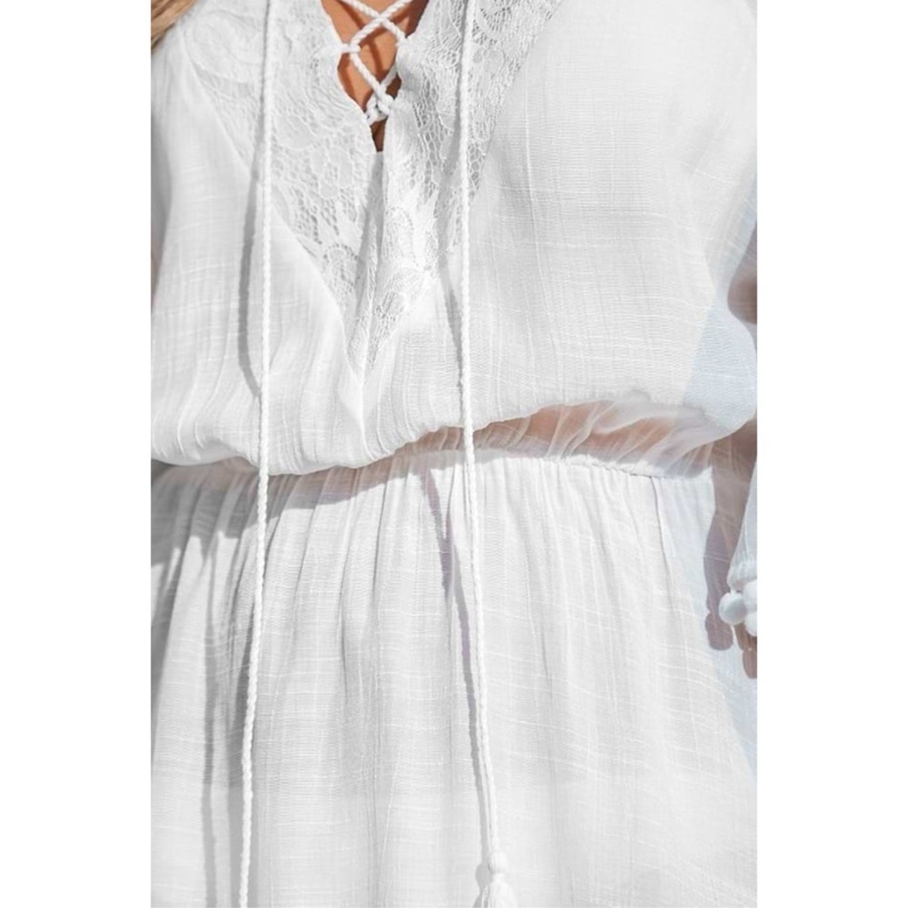 CUPSHE Lace-Up Tassel Cover Up Dress White Semi Sheer Woven Womens Sz M/L New - Picture 4 of 8